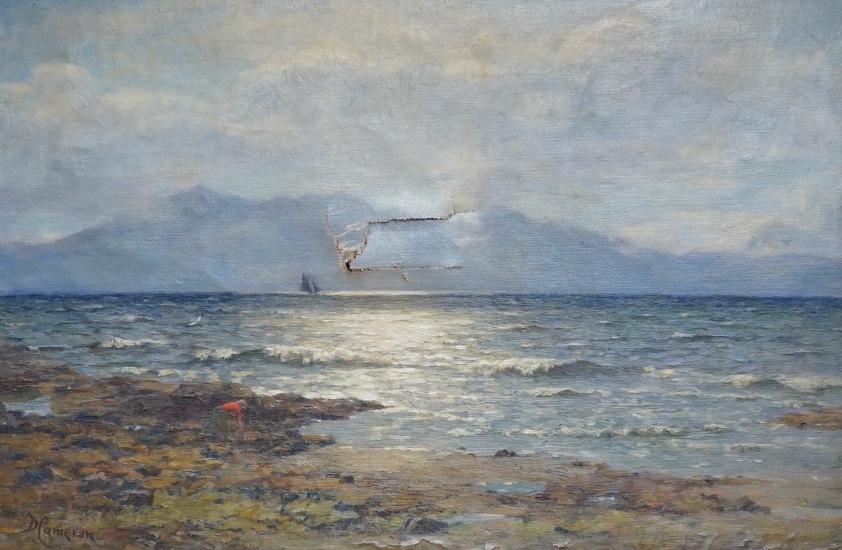 Duncan Cameron (1837-1916), oil on canvas, 'Afternoon on the Firth of Clyde, looking to Arran', signed, 40 x 60cm (canvas torn)